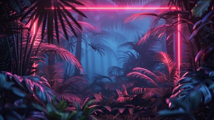 A captivating illustration with a neon-lit frame focusing on a palm tree and an array of vibrant greenery.