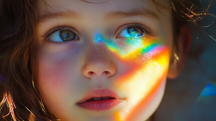 A vibrant rainbow playfully adorns a young girl's face, illuminating her beauty.