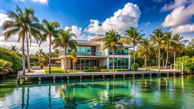 Serene waterfront home with sleek modern architecture, surrounded by tropical palm trees and lush greenery, overlooking calm turquoise waters in South Florida.