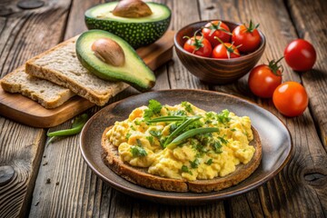 Freshly prepared nutritious breakfast with scrambled eggs, avocado, and whole grain toast on a rustic wooden table, symbolizing healthy fat loss and weight loss regimen.
