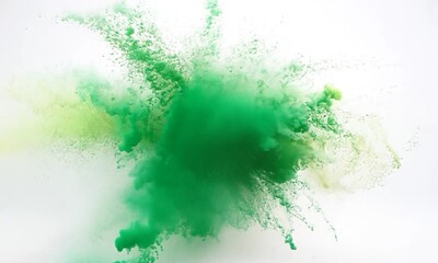 Emerald Burst: A vibrant explosion of green powder paint erupts against a clean white backdrop, capturing the raw energy and dynamism of color in motion. - Powered by Adobe