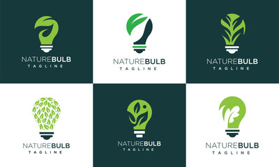 Fototapeta premium Collection of vector logos of light bulbs with leaves. Creative natural energy symbol icons.