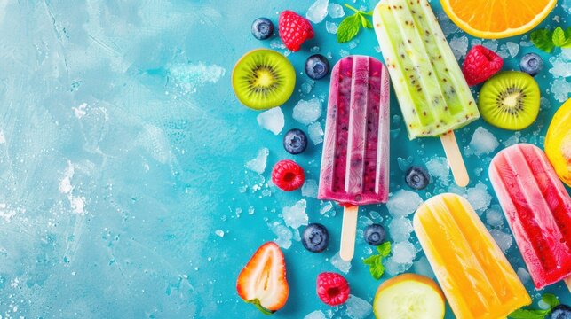 Assorted fruit popsicles laid on ice with fresh fruits, ready for a refreshing summer treat