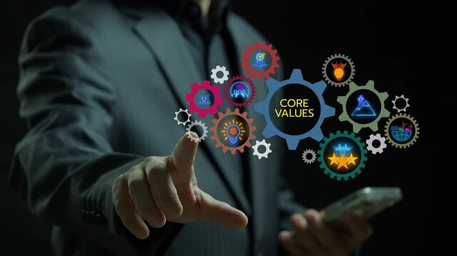 Core values, business concept. Businessman showing gears banner icons of innovation, goals, teamwork, commitment, integrity, customers and responsibility on virtual screen.