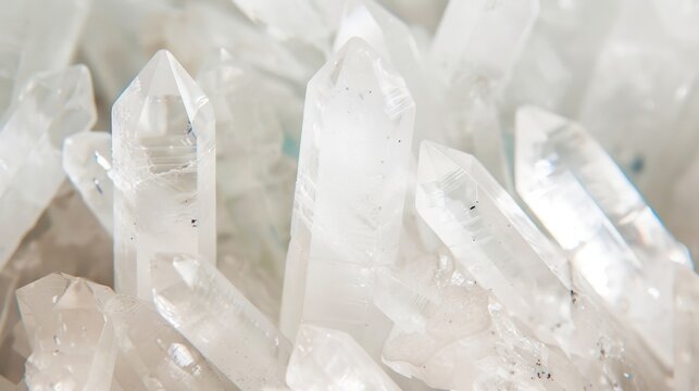 A cluster of clear quartz crystals sparkles with intricate details under soft, natural light