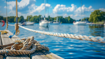 Fototapeta premium A rope is tied to the edge of a dock with sailboats in the background 