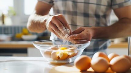 Man Preparing Eggs in a Bright Kitchen Setting