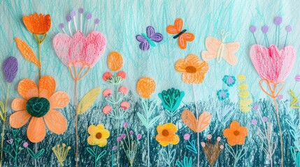 Naklejka premium A charming crayon drawing features blooming flowers and butterflies in a lively garden