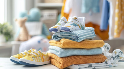 "Close-up of a stack of baby clothes, shoes, and accessories neatly arranged on a white table indoors."






