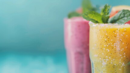 Obraz premium Refreshing fruit smoothies in vibrant colors topped with mint leaves await to be enjoyed on a bright sunny day