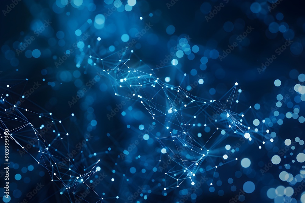 Poster abstract blue background with glowing dots and lines forming an array of interconnected connections 