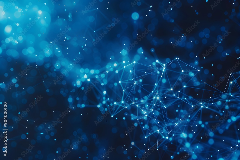 Poster abstract blue background with glowing dots and lines forming an array of interconnected connections 