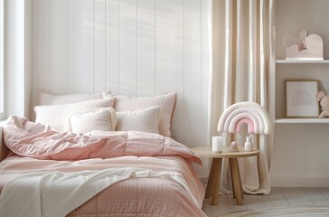 Obraz premium Cute Girl's Bedroom with Pink Bed, White Walls and Floor, Wooden Bedside Table, Fluffy Blanket, Rainbow-Shaped Pillow, Pastel Color Palette, Simple Interior Design, Pink Desk Lamp, White Curtains,.