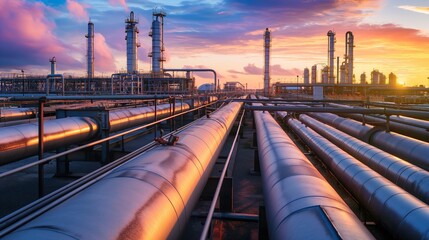 Fototapeta premium Industrial Oil and Gas Pipelines Leading to Refinery at Sunset
