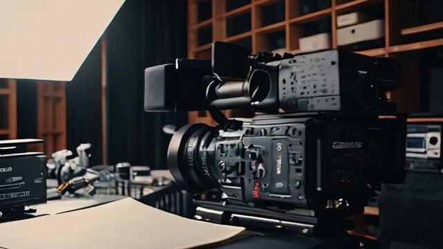 Professional Cinema Camera with Accessories on a Table