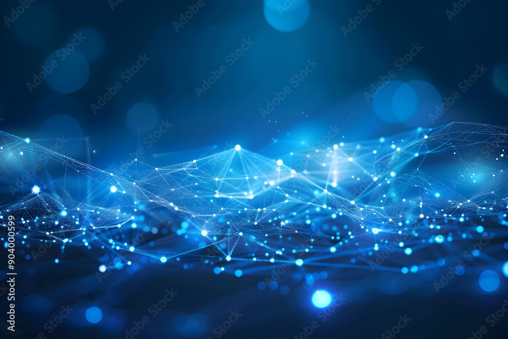 Poster abstract blue background with glowing dots and lines forming an array of interconnected connections 
