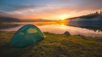 A camping tent sits peacefully by a calm lake, illuminated by the vibrant colors of sunrise