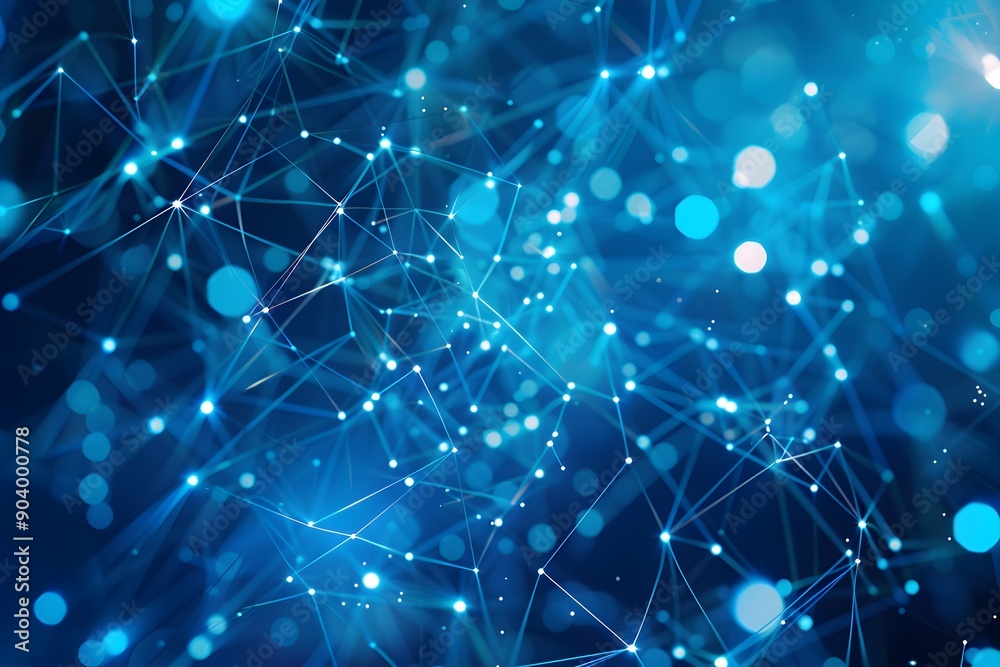 Poster abstract blue background with glowing dots and lines forming an array of interconnected connections 