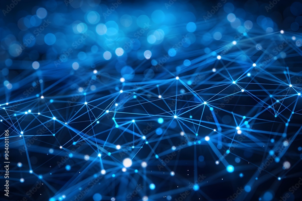 Poster abstract blue background with glowing dots and lines forming an array of interconnected connections 