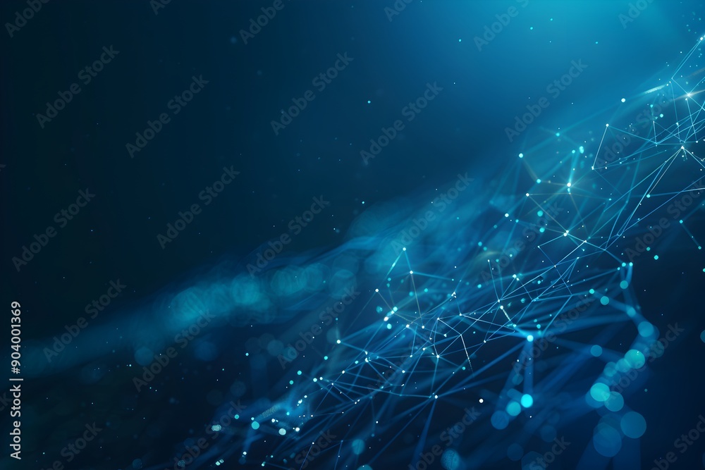 Poster abstract blue background with glowing dots and lines forming an array of interconnected connections 