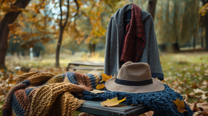 "Stylish autumn clothes arranged on a table in an autumn park."