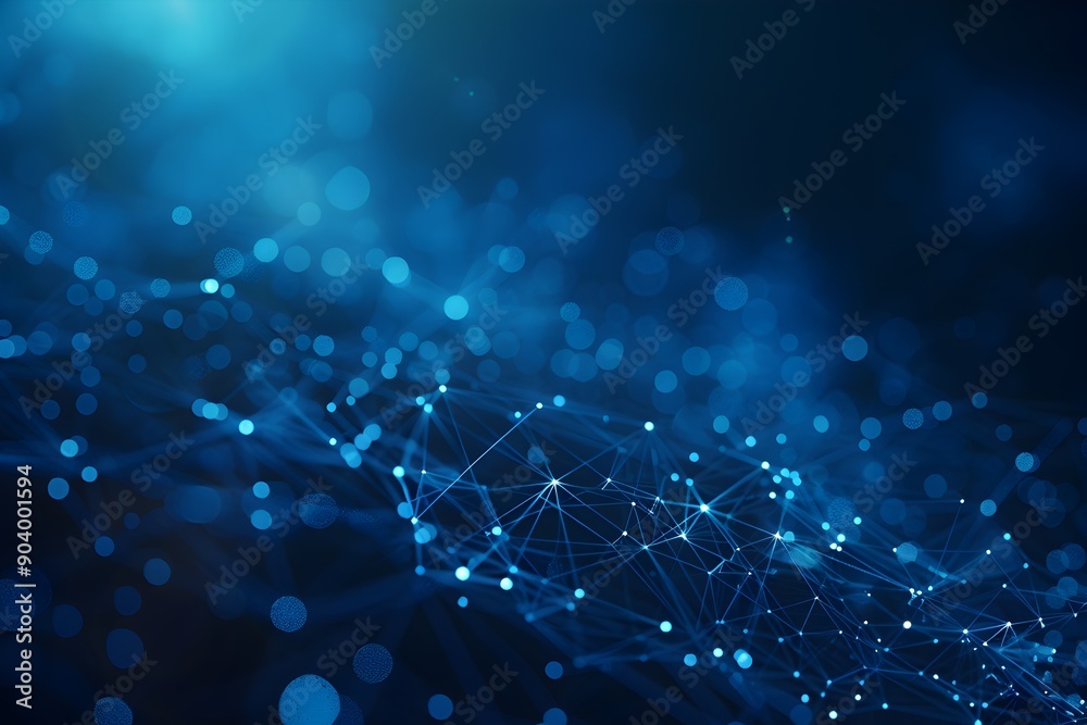 Poster abstract blue background with glowing dots and lines forming an array of interconnected connections 