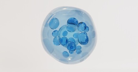 3D illustration of soft glass droplets around a sphere. The blue bubbles collide inside the soft shell. The concept of a cosmetic solution is an essence for skin care.