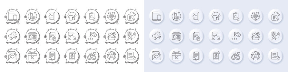 Sign out, Parking security and Discount offer line icons. White pin 3d buttons, chat bubbles icons. Pack of Food market, Mail, Clean t-shirt icon. Vector