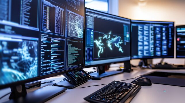 Technology Hubs: Advanced IT Support Desk with Multiple Screens and Technical Equipment. Showcasing Cutting-Edge Technology for Efficient Problem-Solving, Remote Assistance, and Real-Time Monitoring.