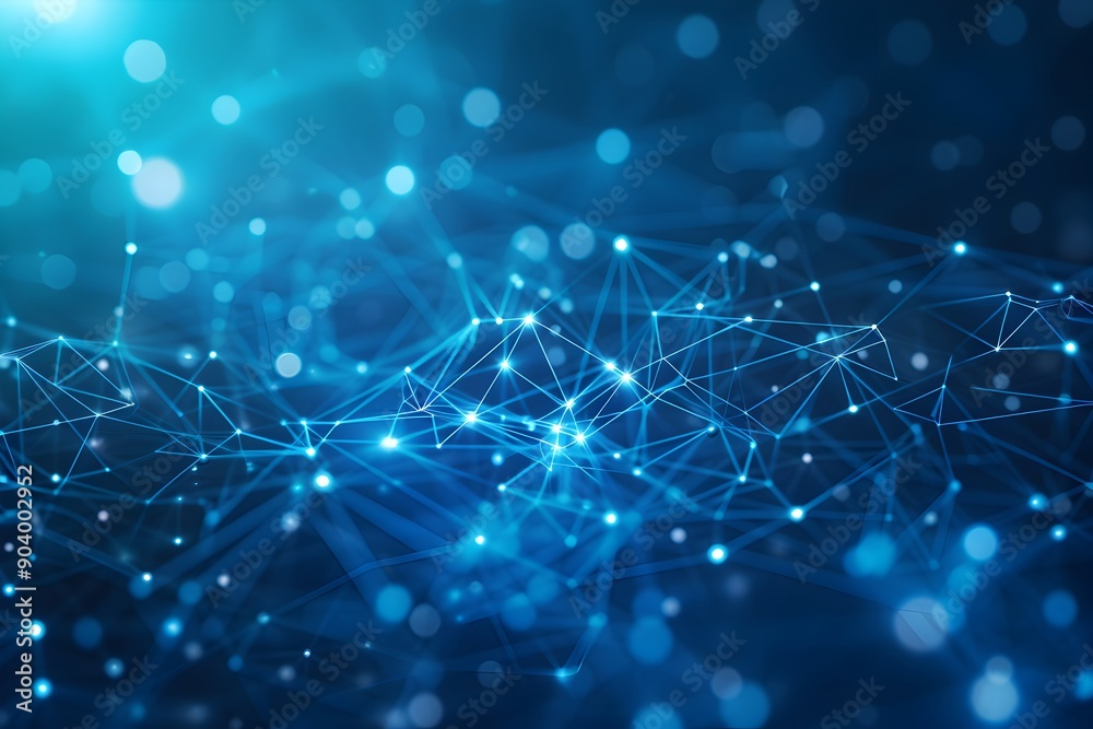 Poster abstract blue background with glowing dots and lines forming an array of interconnected connections 