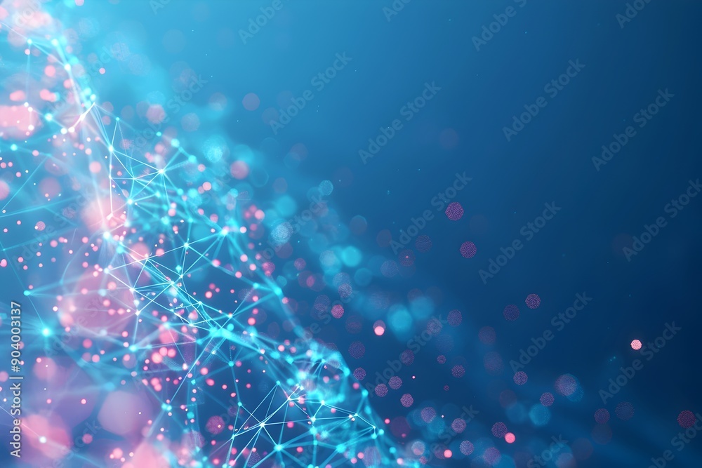 Poster abstract blue background with glowing dots and lines forming an array of interconnected connections 