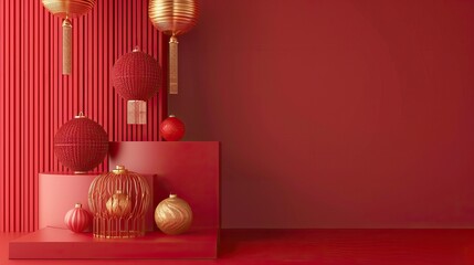 Festive background Happy New Year in Asian style. Happy Chinese New Year banner background template. Decoration with traditional festival lanterns on a red background.