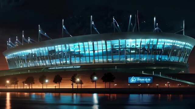 Modern Stadium Illuminated at Night with Blue Lights