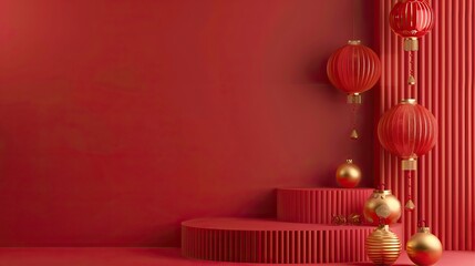 Festive background Happy New Year in Asian style. Happy Chinese New Year banner background template. Decoration with traditional festival lanterns on a red background.