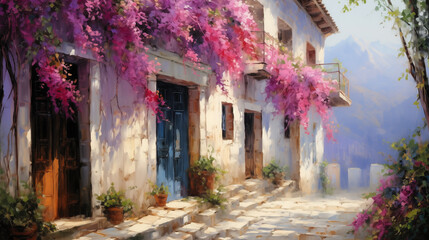 Fototapeta premium Charming summer landscape with colorful bougainvillea in a quaint village