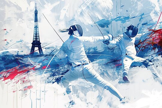 A dynamic illustration of two fencers fencing in front of the Eiffel Tower, with a red and blue color palette. A detailed ink sketch with splashes of paint in the style of Robby. white Background