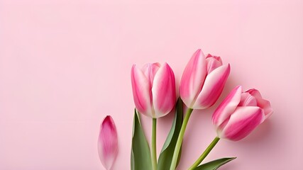 top view, light pink solid background; frame from pink tulips flowers, studio light. isolated on a solid pink background.
