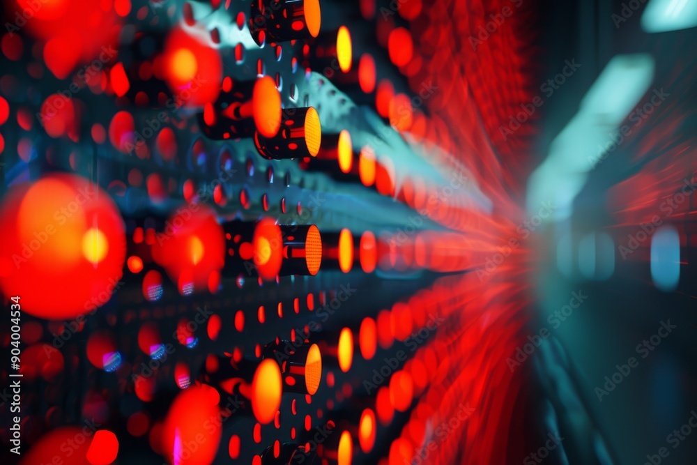 Poster abstract macro shot of a led display with red lights and blurred depth effect, showcasing technology