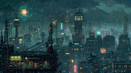 Naklejka premium Cyberpunk Cityscape Under Rain.