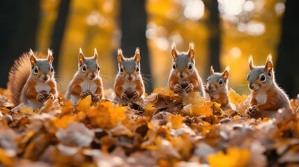 A group of adorable squirrels enjoying autumn leaves in a forest, displaying nature's vibrant colors in a beautiful and serene setting. © Suphot