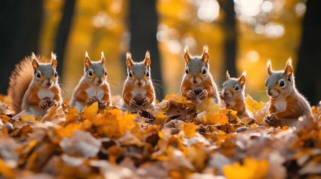 A group of adorable squirrels enjoying autumn leaves in a forest, displaying nature's vibrant colors in a beautiful and serene setting.