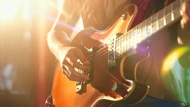 Guitarist in action, playing electric guitar on stage