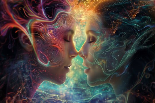 A fantasy illustration showing two faces with closed eyes engaged in spiritual communication. Glowing energy lines flow between two minds engaged in telepathic communication.