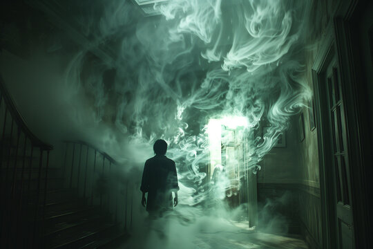 Eerie ghostly image of a figure in a haunted hallway surrounded by greenish fog. Paranormal spirit poltergeist haunting.