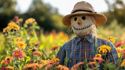 Cheerful scarecrow in a colorful flower field under the sun, wearing a straw hat and plaid shirt, protecting crops.