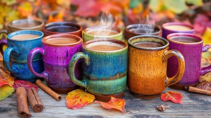 Colorful ceramic mugs filled with warm beverages on a rustic table, surrounded by autumn leaves and cinnamon sticks, evoking cozy fall vibes.