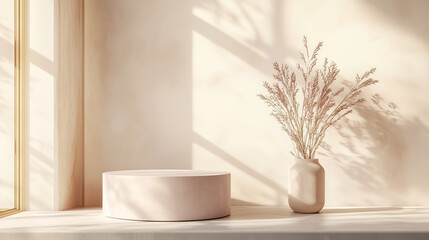 cylinder mockup podium, pastel color, 3D geometric , beige pink color background