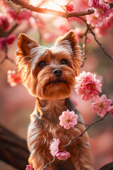 Yorkshire terrier in cherry blossoms