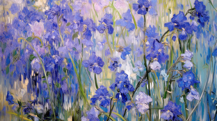 Vibrant summer landscape with blue irises in impressionist style