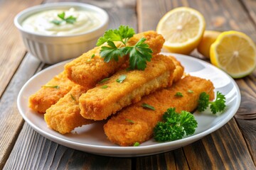 Crispy breaded fish fingers on a white plate, served with a side of creamy remoulade sauce and a slice of fresh lemon, garnished with parsley.